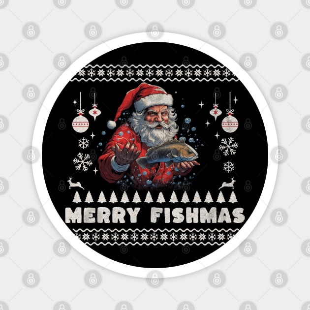 Merry Fishmas Santa Fishing Ugly Christmas Sweater Magnet by VisionDesigner